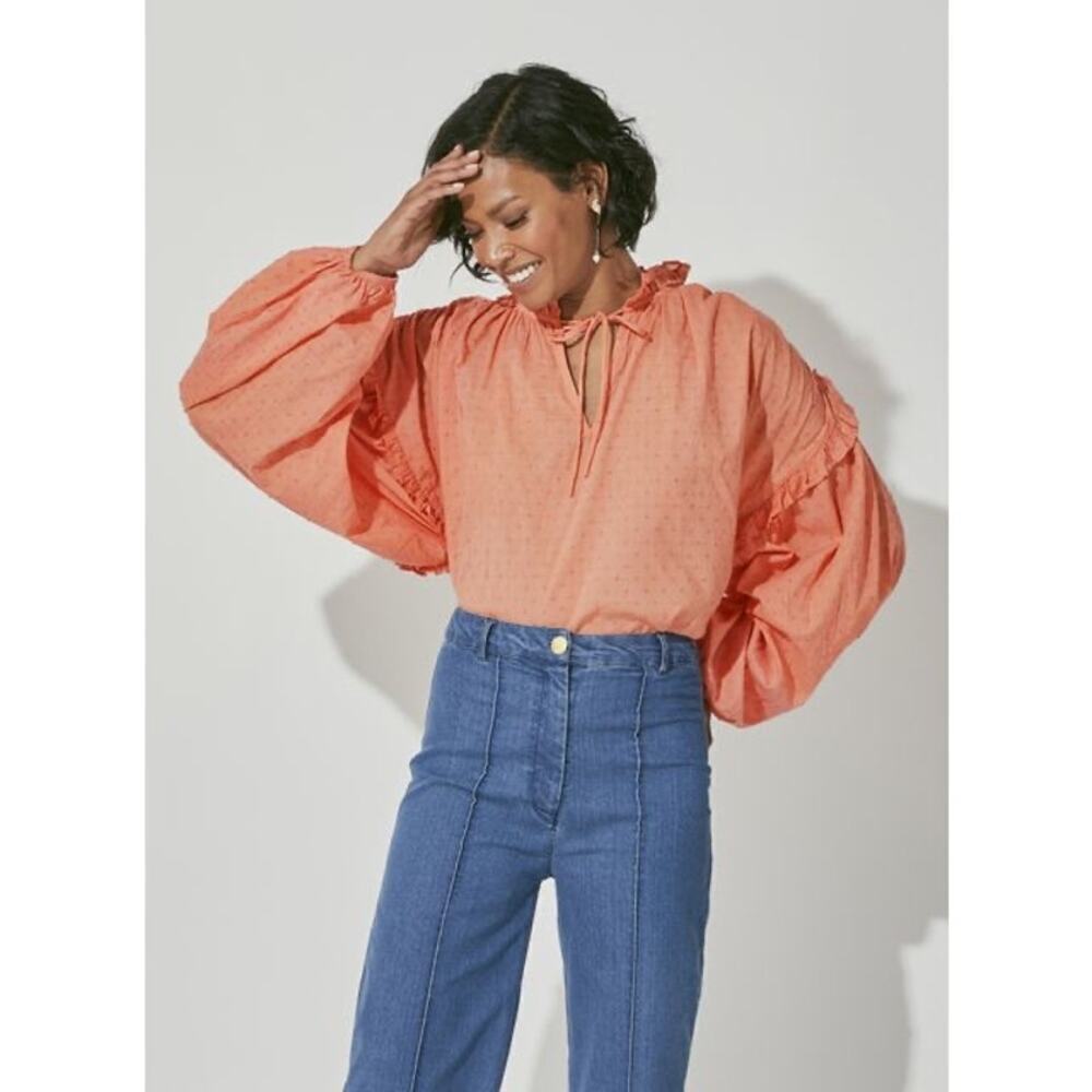 Cleobella Phoenix Coral Peach Blouse Organic Cotton Dobby Ruffle Sz XS